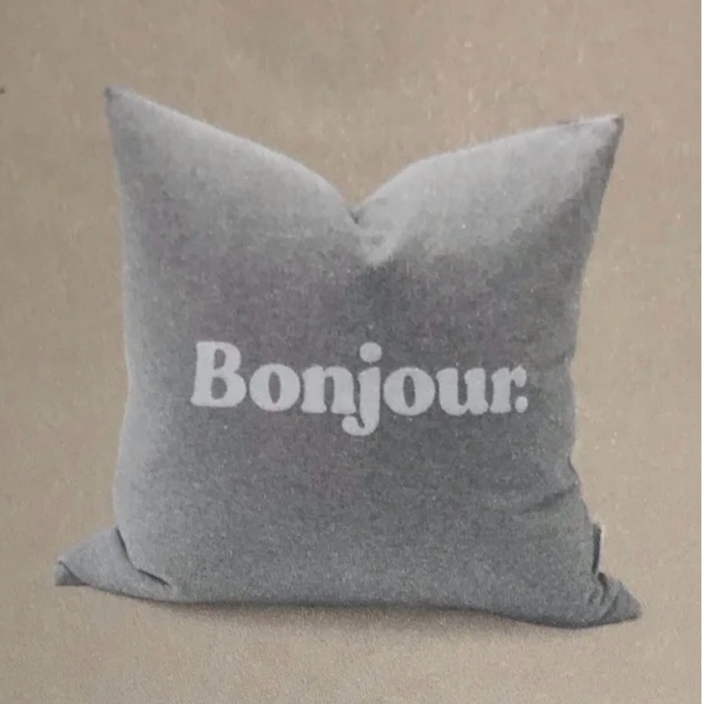 Gray Accent Pillow with 'Bonjour' Text